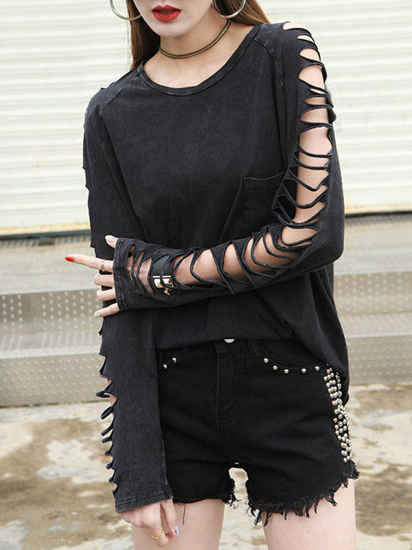 Black Sleeves Out Street T-shirt Long Loose Hollow Round-neck