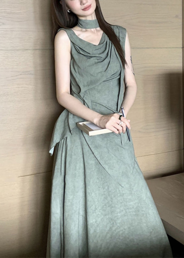 Style Green Asymmetrical Cotton Women Sets 2 Pieces Summer EE026