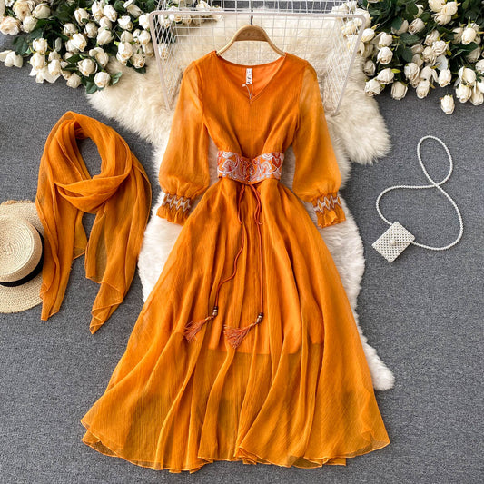 Retro Orange V Neck Splicing Embroidered Waistband Lantern Sleeve Dress