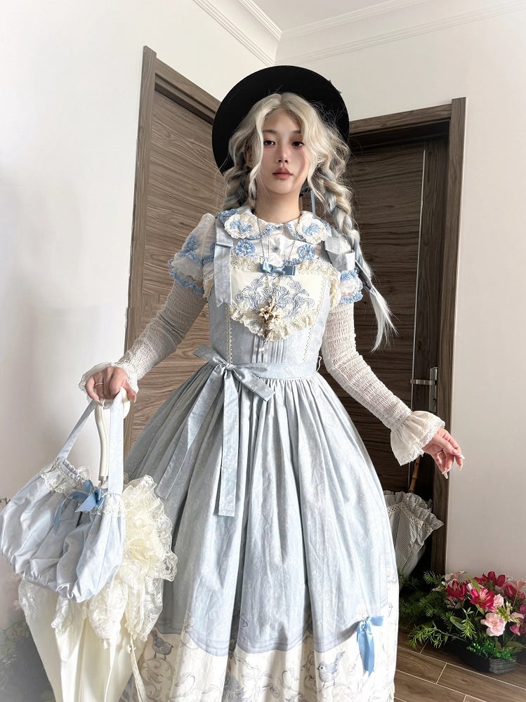 Skirt and Print Titmouse Jumper Blue Floral Lolita