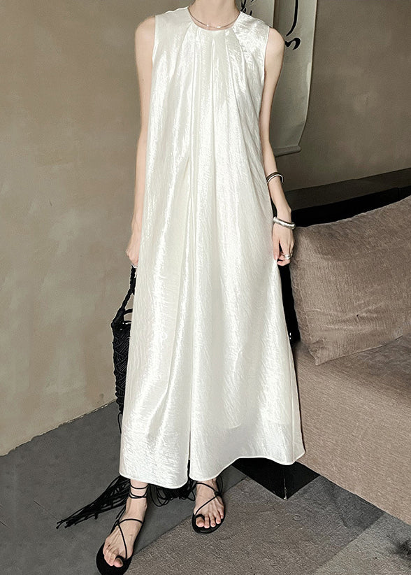 French Apricot O-Neck Solid Silk Long Dress Sleeveless EE036