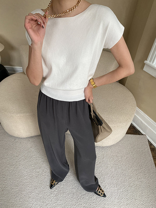 Short Neck Top Stylish Pink Boat Knit Sleeve Loose