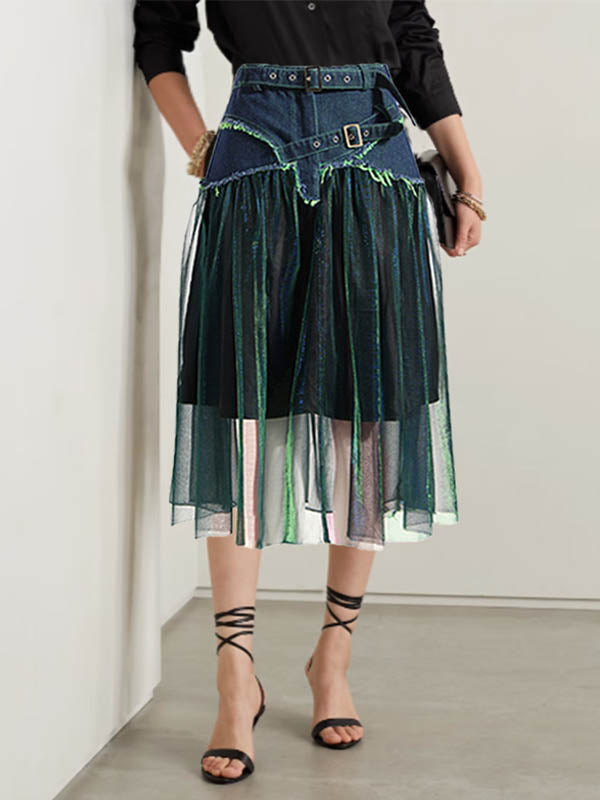 Denim A-Line Green Belted Skirt High Tulle Waisted Shiny Chic