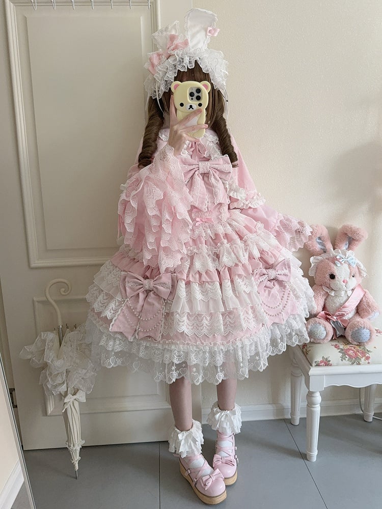 Big Lolita Bows Bead Decoration Skirt Chain Pink Hanayome Tiered Dress