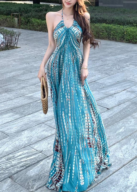 Print Stylish Backless Cotton Vacation Dress Sleeveless Blue