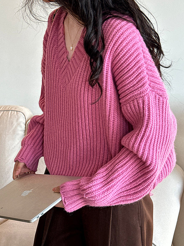 Urban Fuchsia V-Neck Long Sleeve Knit Sweater AN1046