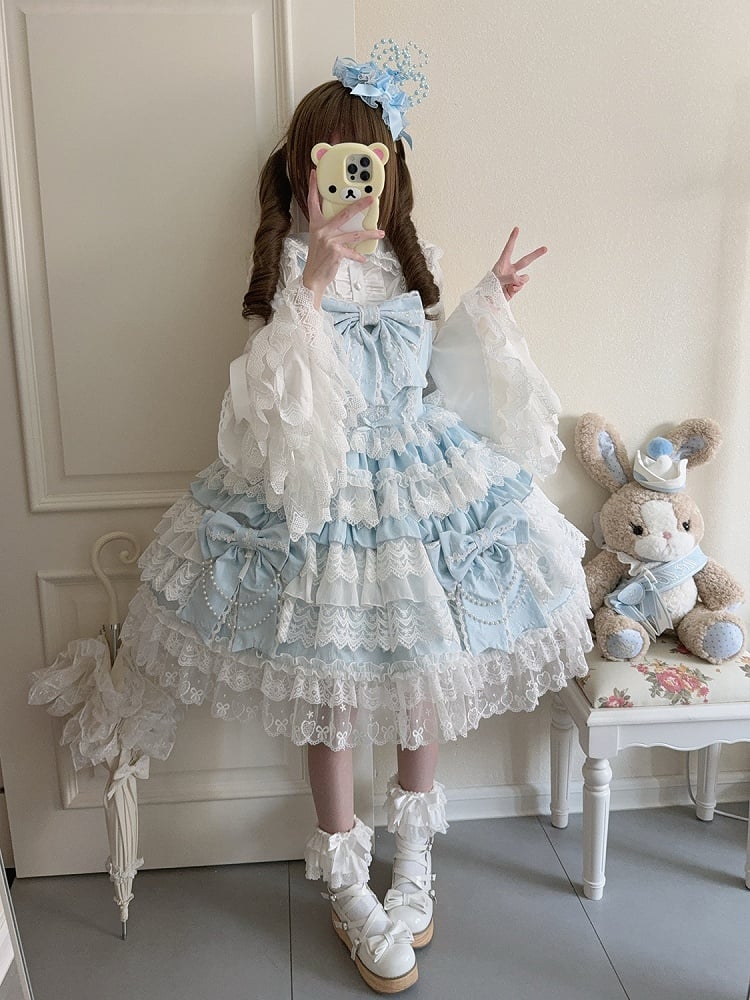 Skirt Bows Decoration Lolita Tiered Hanayome Blue Big Dress