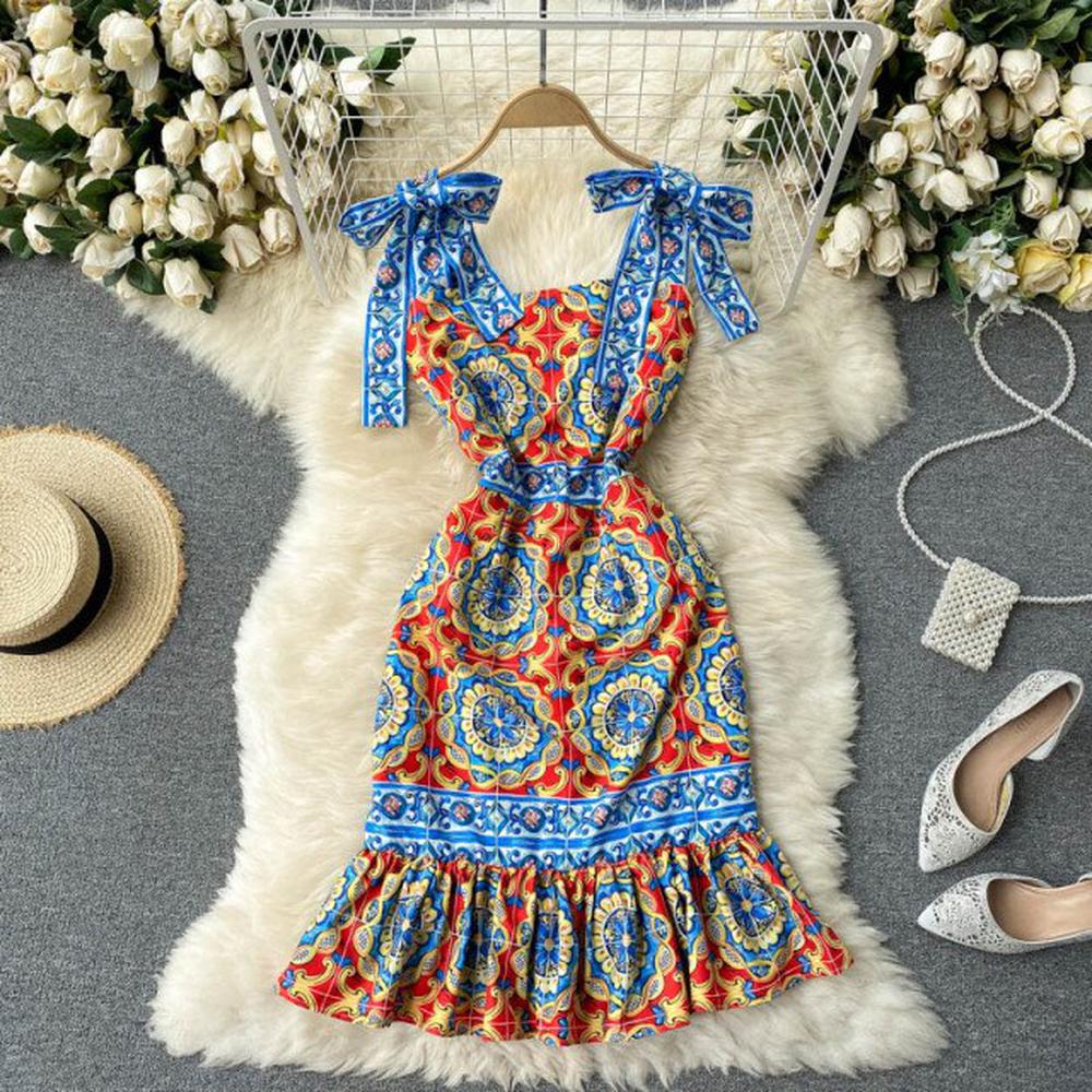 Retro Blue Square Neck Contrast Color Print Bow Decor Strap Ruffled Hem Dress