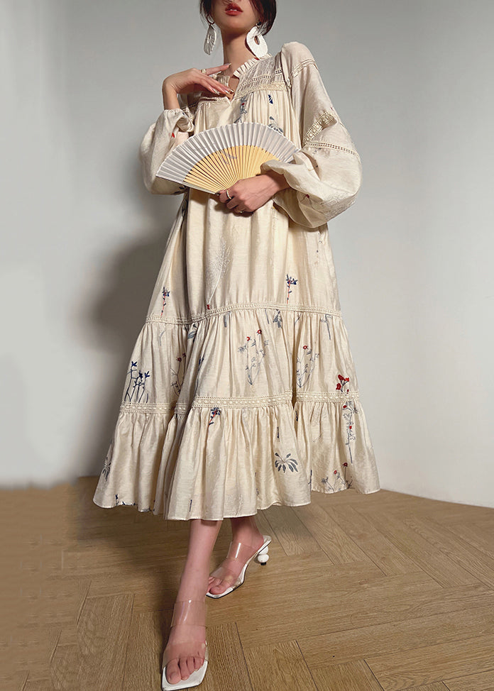 Loose Beige Embroidered Ruffled Pockets Linen Dress Long Sleeve AJ1033