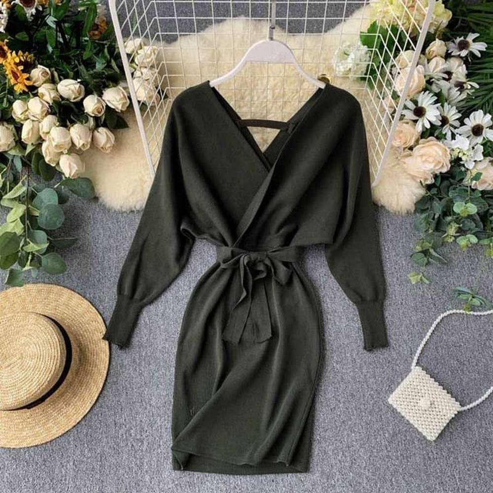 Elegant Beige V Neck Tie Waist Long Batwing Sleeve Dress