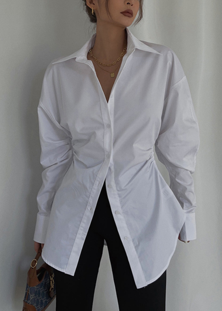 Spring Casual White Cotton Cinched Tops Blouse
