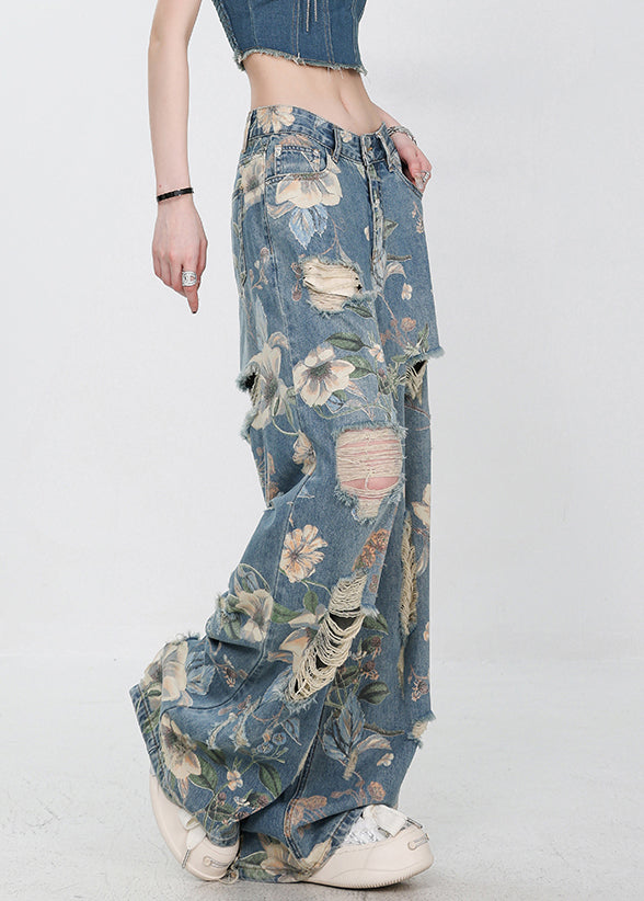 Pants Denim Print Waist Blue Hole Unique High Summer