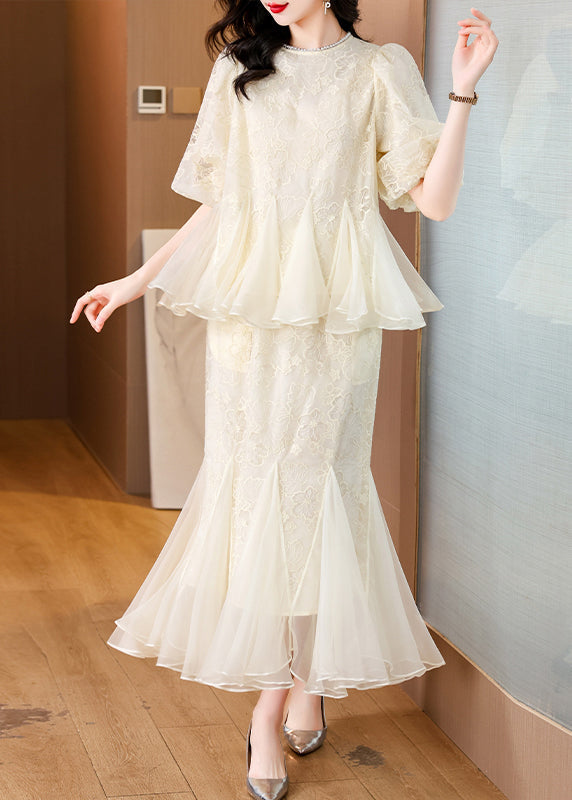 Two Skirt And Tops Fishtail Silk Beige Embroidered Chic Pieces