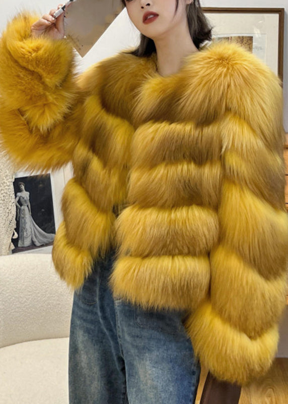 Classy Yellow Fox Collar Leather And Fur Coats Winter WV031