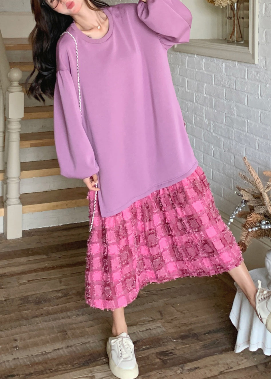 Loose Maxi Purple Plaid Dress Spring O-Neck