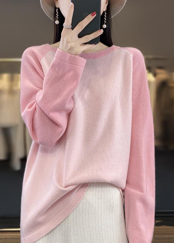 Cute Pink O-Neck Patchwork Wool Knit Sweaters Top Fall QP011