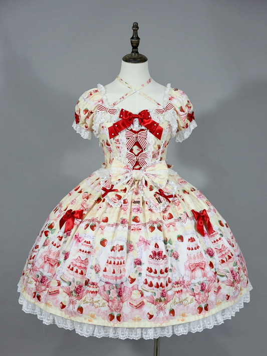 Full Accents Lolita Sweet Cake Print Bow / Dress Set Yellow Strawberry