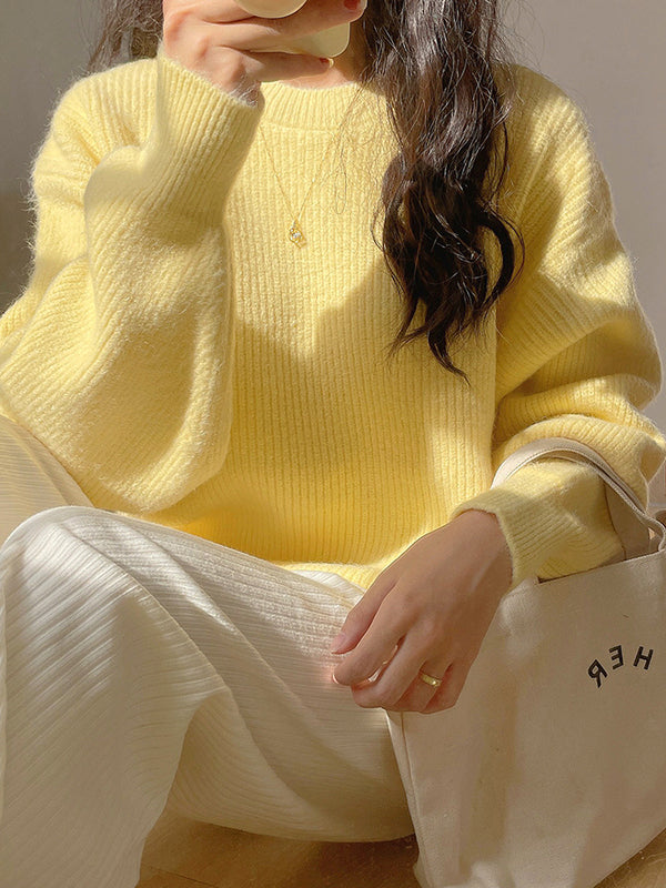 Cute Yellow Round-Neck Long Sleeve Sweater AN1041