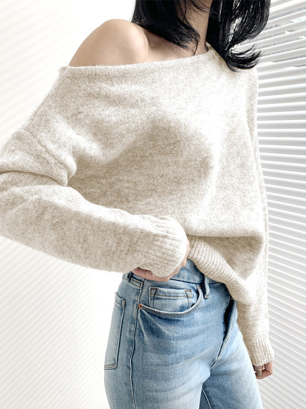 Casual White Off-The-Shoulder Long Sleeves Asymmetric Hem Sweater QX007