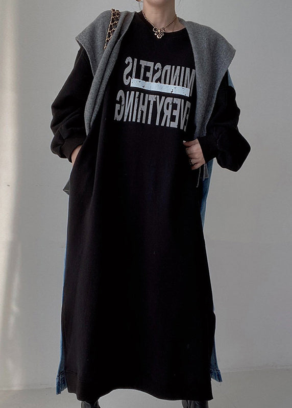 Long Black Spring Dresses Patchwork Oversized Natural Denim