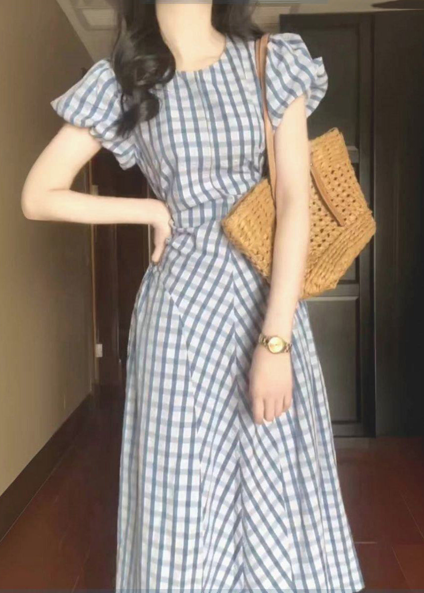 Style Light Blue O-Neck Plaid Tie Waist Long Dress Short Sleeve AZ1023