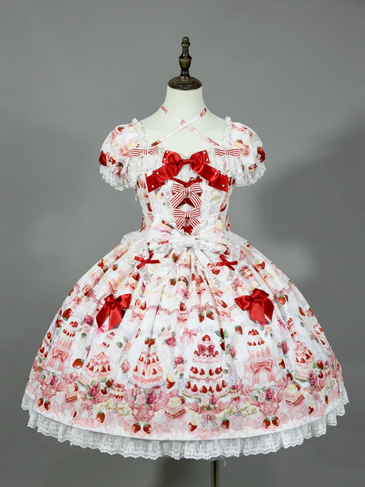 / White Lolita Print Accents Strawberry Bow Sweet Full Dress Cake Set