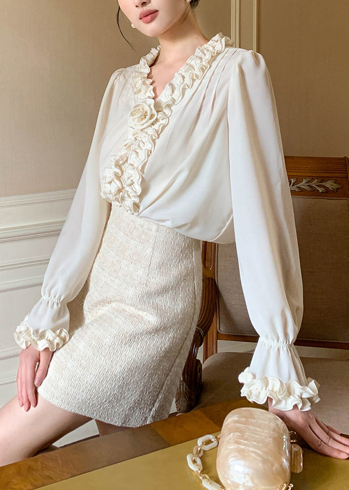 Apricot Art Sleeve Shirt Solid Chiffon Ruffled Petal