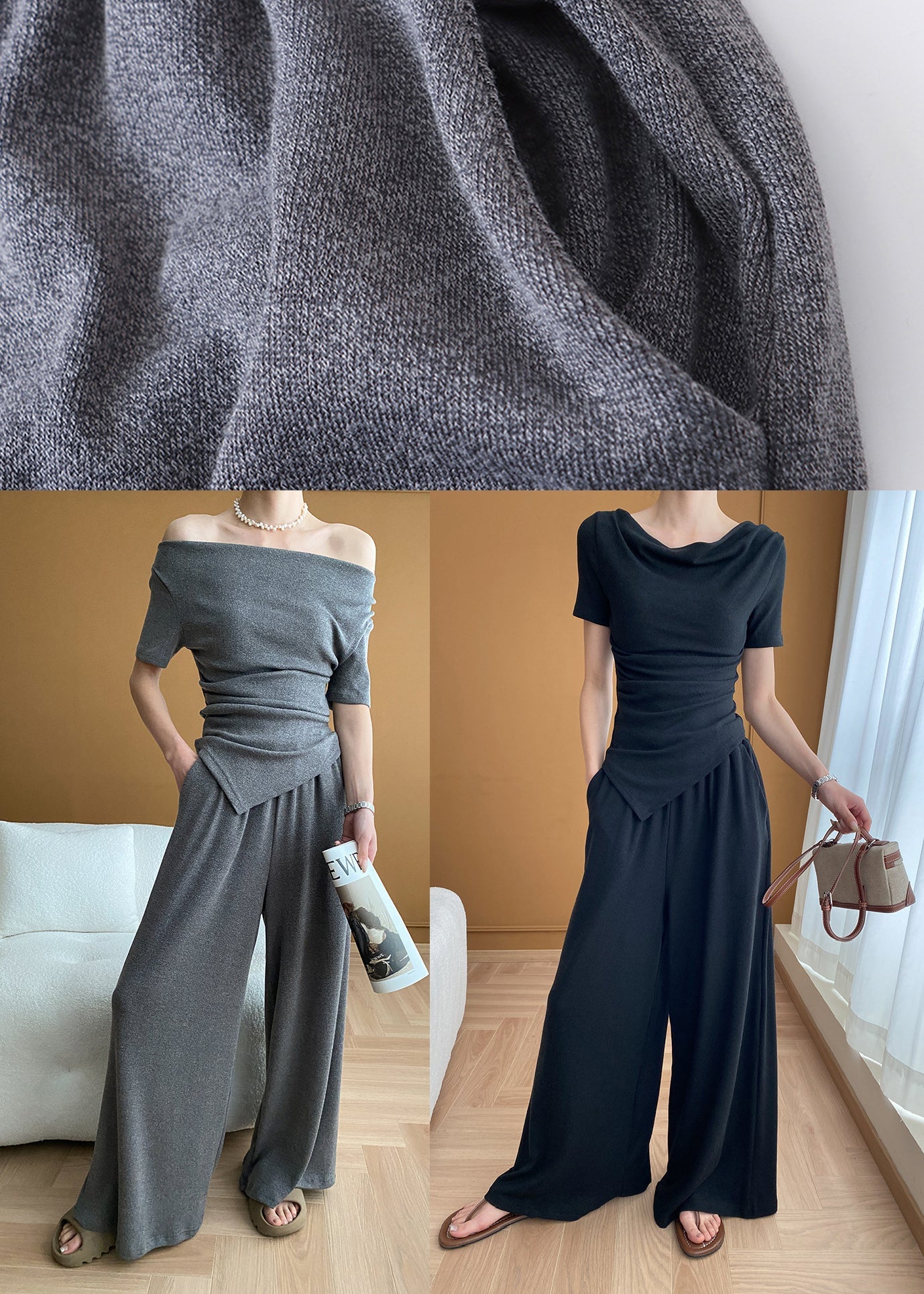 Italian Grey Cold Shoulder Asymmetrical Knit Two Pieces Set Summer WD002