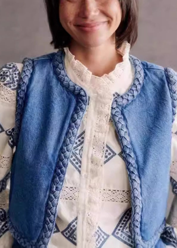 Bohemian Filled Fine Cotton Vest Neck Blue Sleeveless Denim O