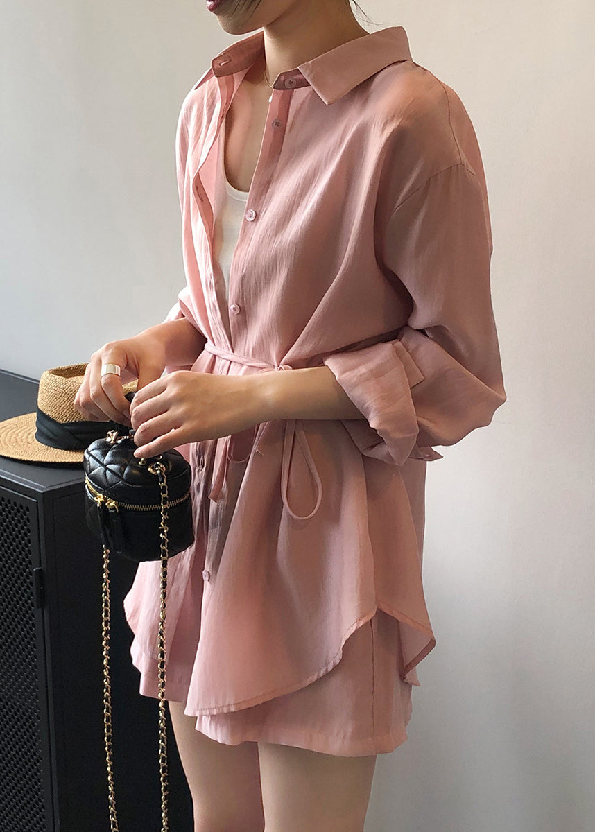 Two Shirts Pockets And Lace Pink Silk Set Shorts Loose Pieces Up