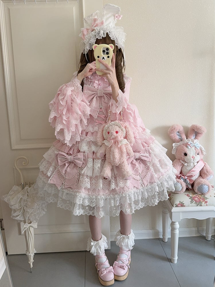 Big Lolita Bows Bead Decoration Skirt Chain Pink Hanayome Tiered Dress