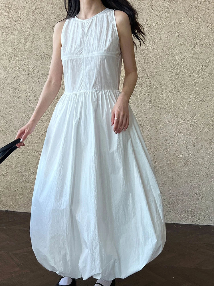 Simple Blue Puff Patchwork Dress Sleeveless O-neck Hem