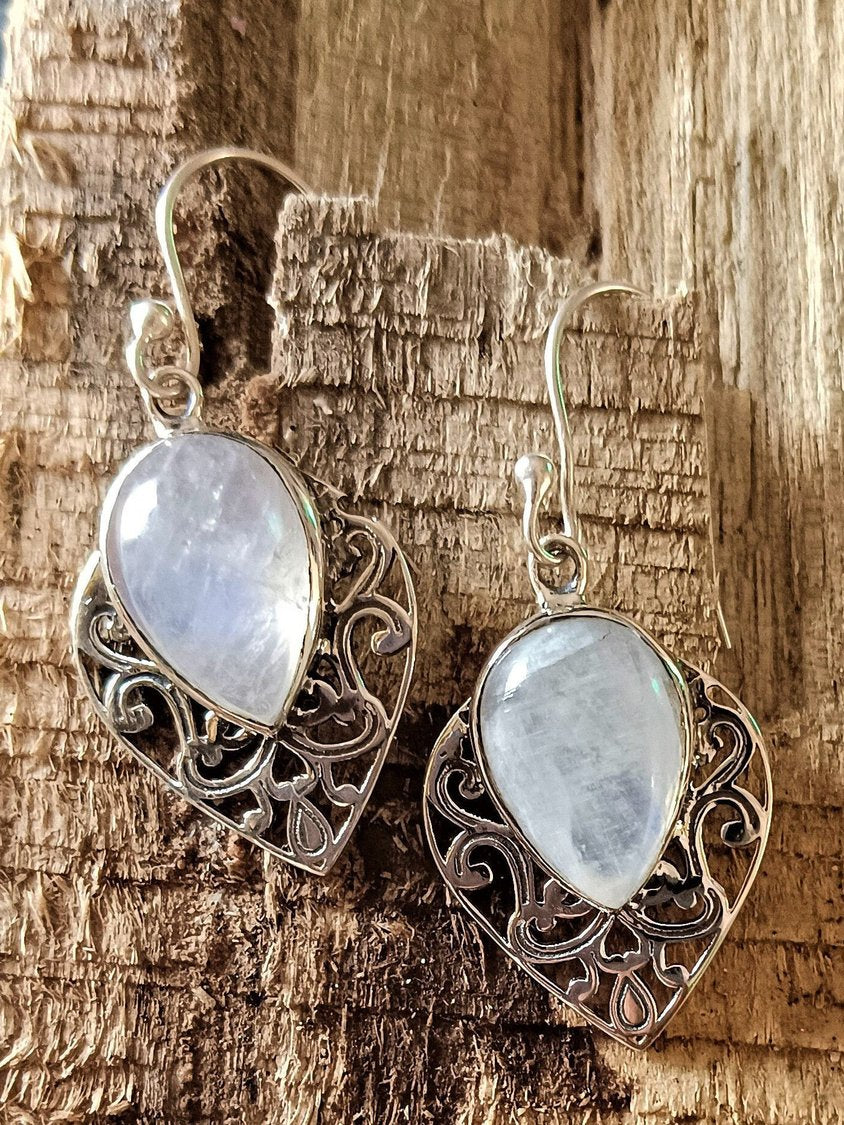 Boucles d'oreilles vintage à motif ethnique en pierre de lune naturelle et opale AD1021