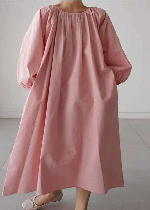 Dress Three Maxi wrinkled Pink sleeve Cotton Quarter O-Neck