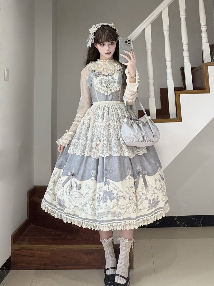 Print Jumper Titmouse Skirt and Lolita Floral Gray