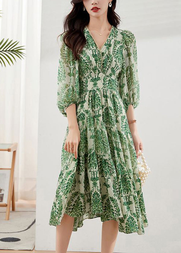 Bracelet V Vacation Handmade Green Print Chiffon Dresses Neck