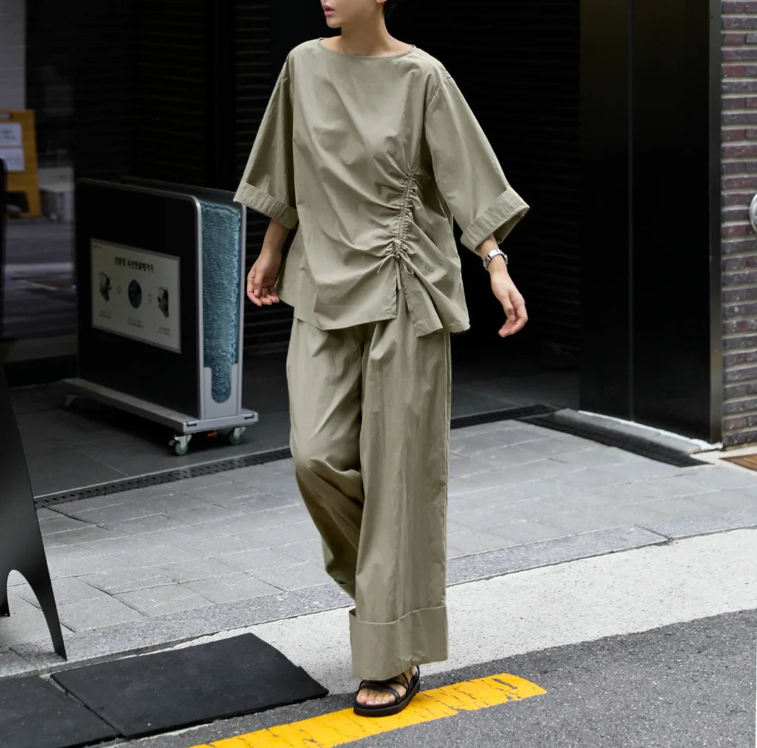 Cotton Asymmetrical Casual Sleeve Half Khaki Drawstring Top