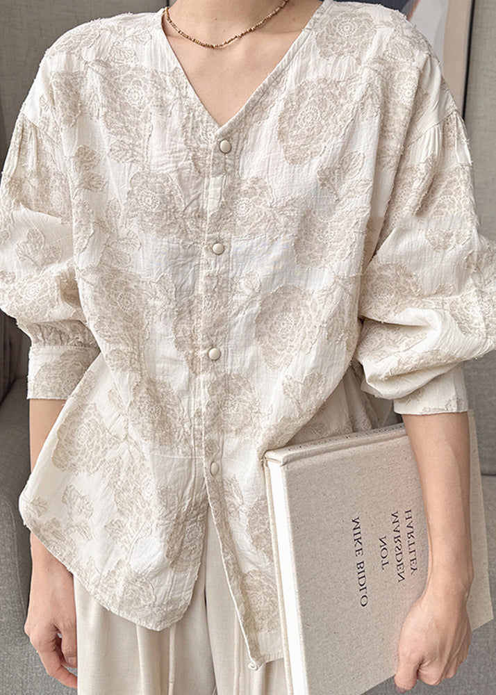 Shirts Cotton Neck V Button Spring Jacquard Casual Apricot