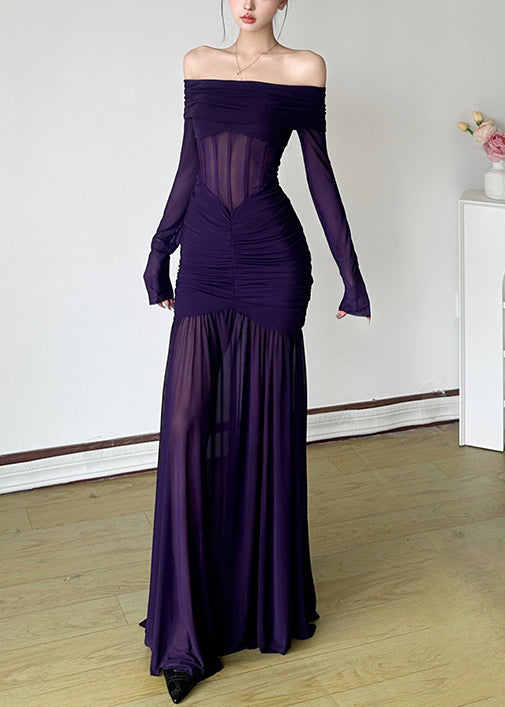 Maxi Neck Slash Stylish Wrinkled Spring Tulle Purple Dresses