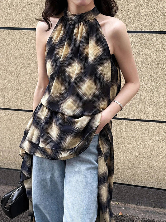 Khaki Top Plaid Asymmetric Halter Sleeveless Neck Uniaue High-Low