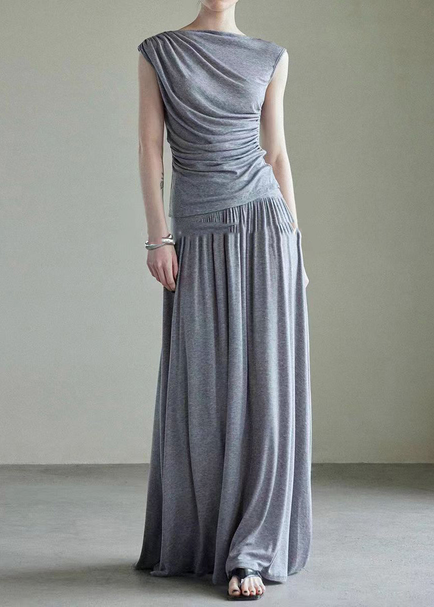 Handmade Grey Slash Neck Vest And Maxi Skirts Cotton Two Piece Set Sleeveless AJ1034