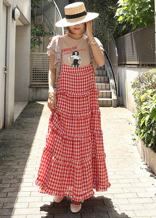 Plaid Button Red Slash neck Stylish Sleeveless Layered Dresses