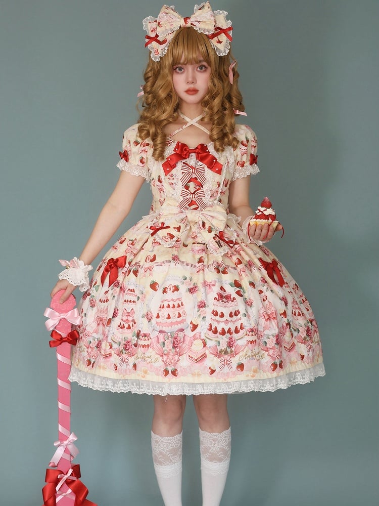 Full Accents Lolita Sweet Cake Print Bow / Dress Set Yellow Strawberry