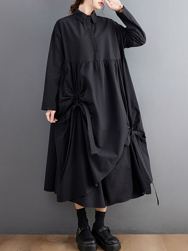 Stylish Black Lapel Buttoned Drawstring Pleated Tied Pockets Sleeves Shirt Dress WS004