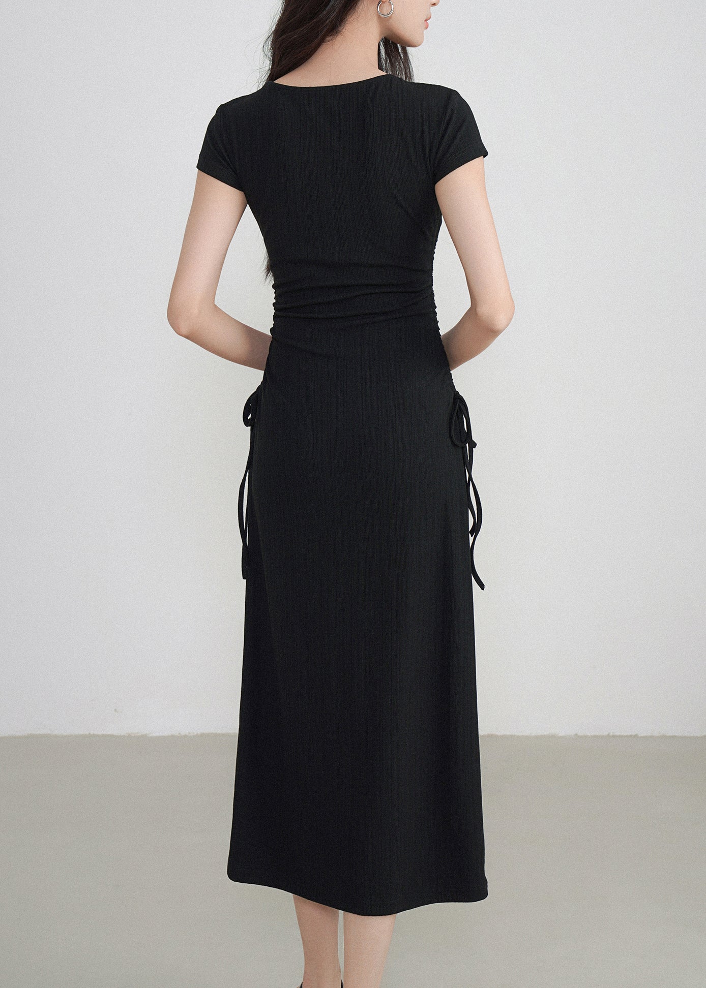 Classy Black V Neck Cinched Maxi Dresses Short Sleeve EE033