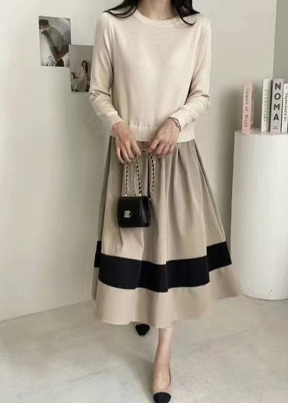 Patchwork Knit Fitted Fake Exra Piece Black Hem Two Large Dresses