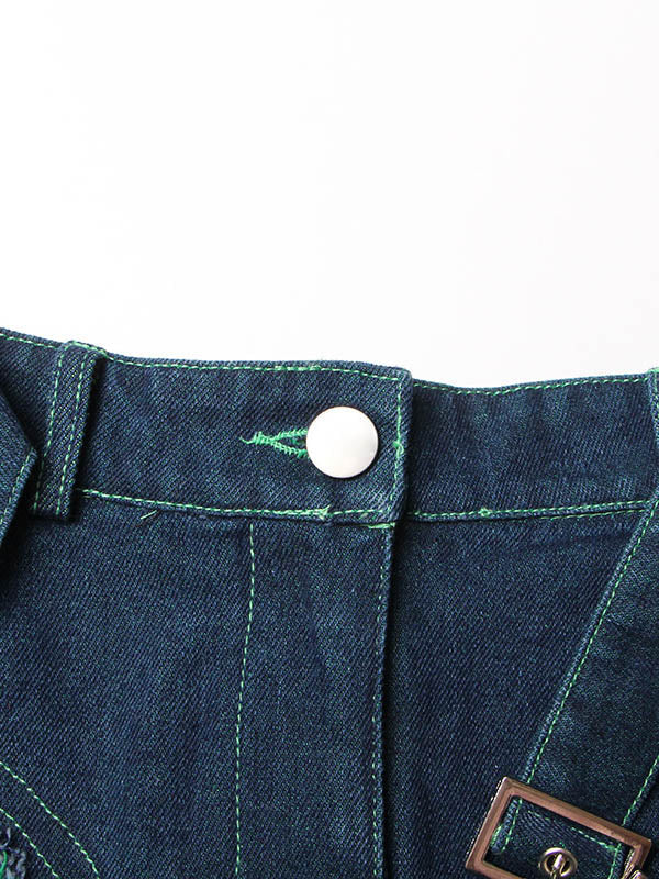 Denim A-Line Green Belted Skirt High Tulle Waisted Shiny Chic