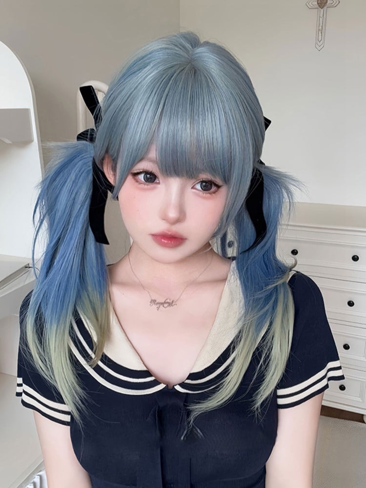 Air Hair 65CM With Bangs Length Cut Wig Color Blue Ombre Straight Hime