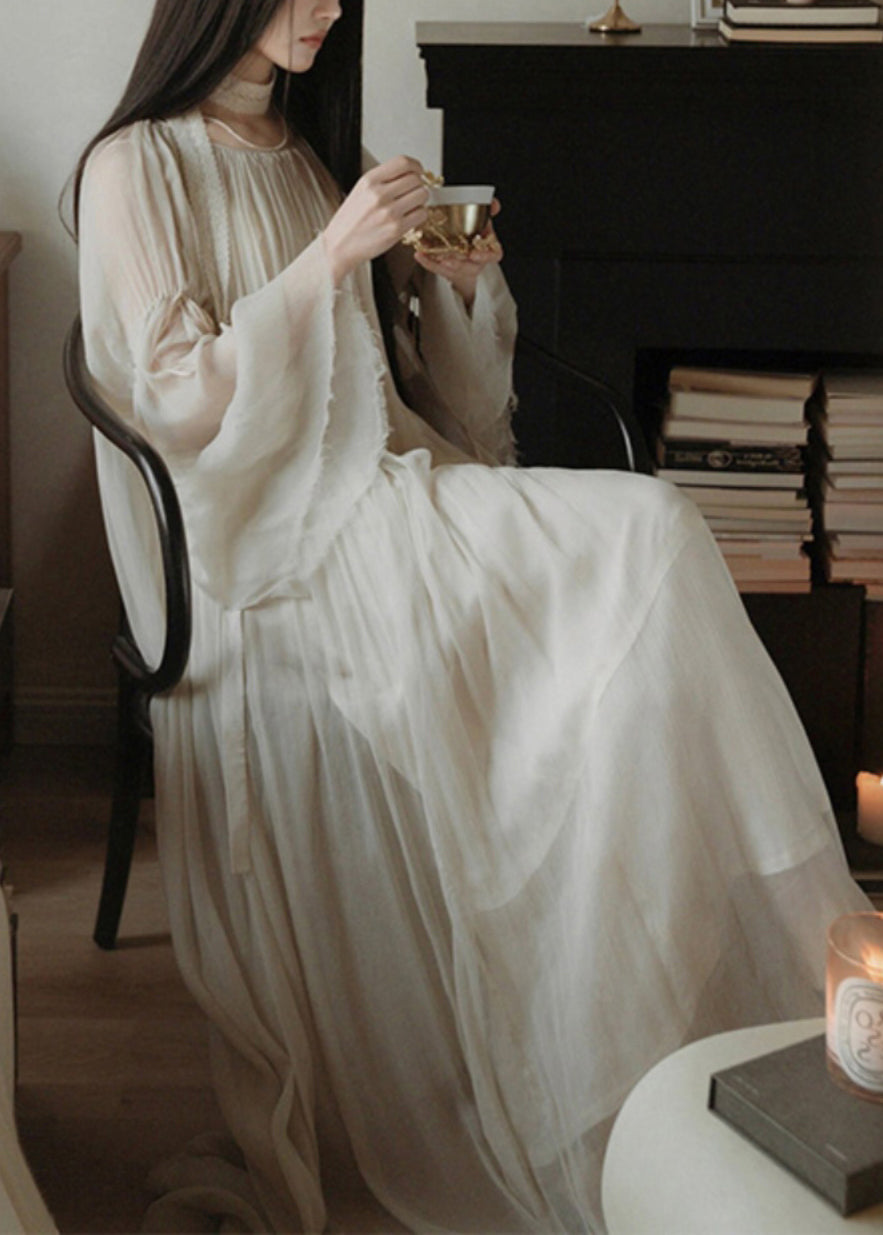 Elegant White Solid Wrinkled Silk Cotton Long Dress Flare Sleeve TT1050