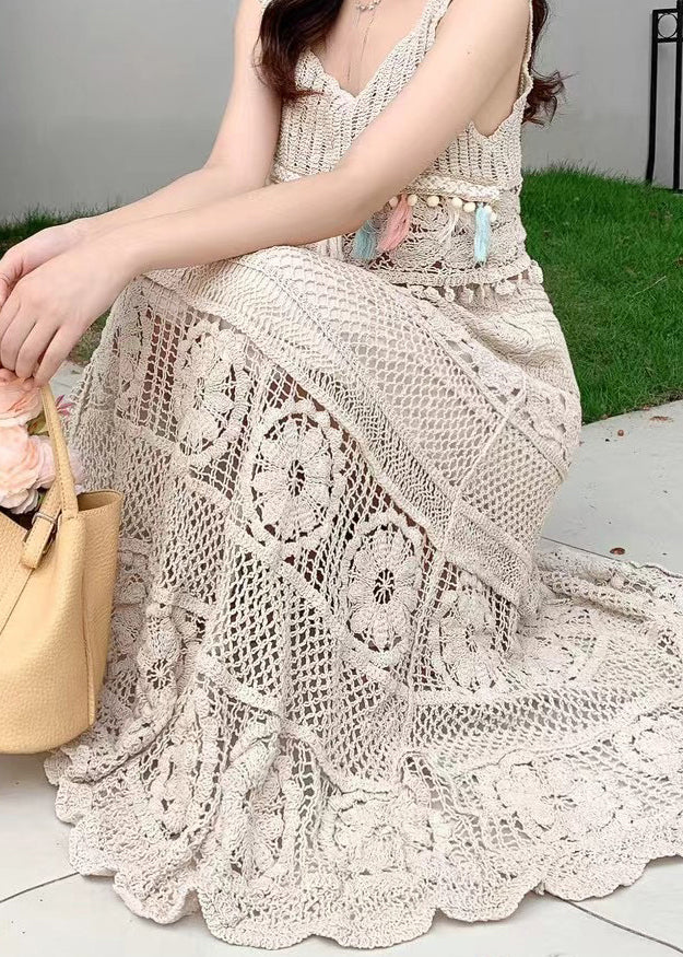 Out Summer Loose Elastic Skirts Hollow Apricot Waist